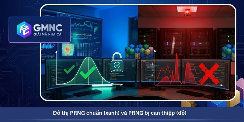 Đồ thị PRNG chuẩn (xanh) và PRNG bị can thiệp (đỏ)